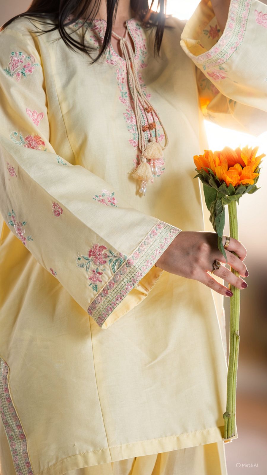 Person wearing a light yellow embroidered traditional outfit holding a sunflower.