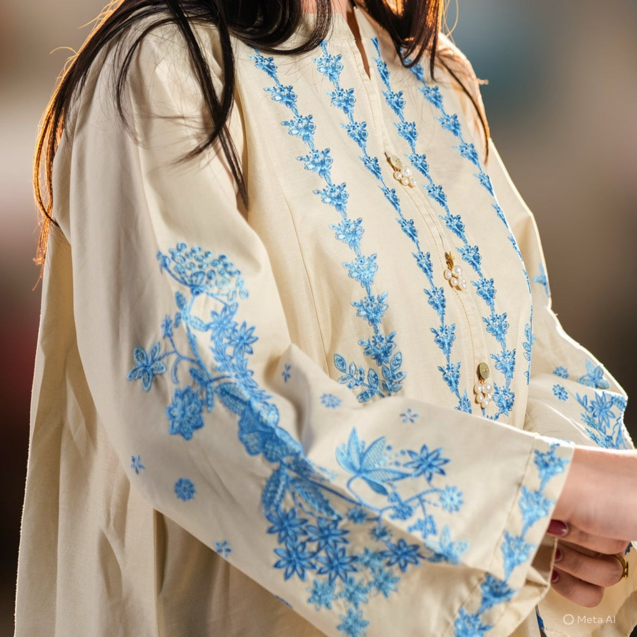 Woman wearing a cream-colored outfit with blue floral embroidery against a blurred background