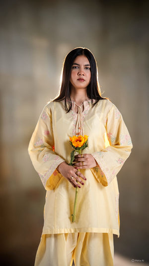 Woman in a light yellow traditional outfit holding flowers against a blurred background