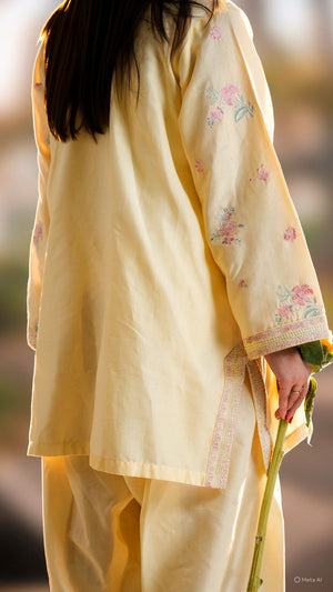 Person wearing a yellow traditional outfit with floral embroidery.