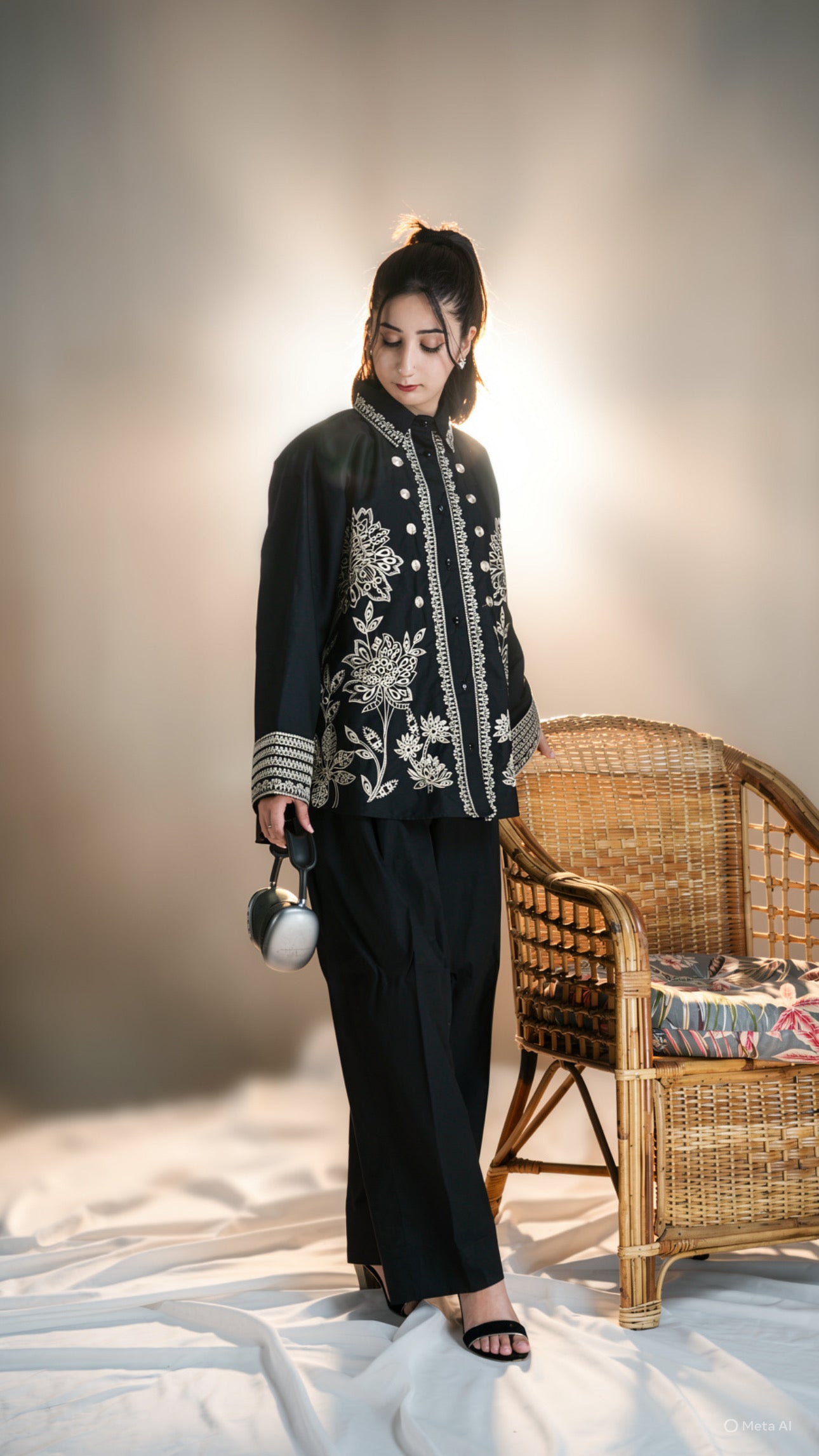 Woman in black embroidered outfit standing next to a wicker chair with a soft light background